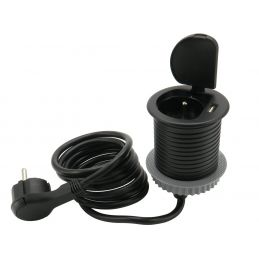 Gniazdo wpuszczane w blat, czarne, 60mm, klapka, 1x 230V + USB SINGLE BOX