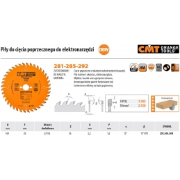 Tarcza do cięcia drewna, płyty. Do ukośnicy, zagłębiarki, pilarki,160 x 20 mm, 56z, CMT 292.160.56H