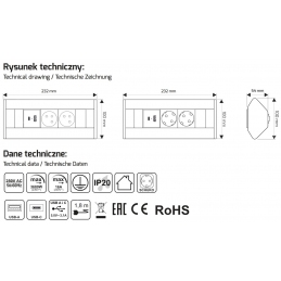 Czarne gniazdo narożne, listwa zasilająca do mebli 230V, USB A+C, IP20, Corner Box