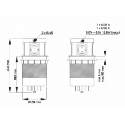 Listwa, gniazdo multimedialne chowane w blat 230V USB LAN ład. indukcyjne MULTI BOX