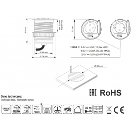 Gniazdo wpuszczane w blat, czarne, 60mm, klapka, 1x 230V + USB C SINGLE BOX