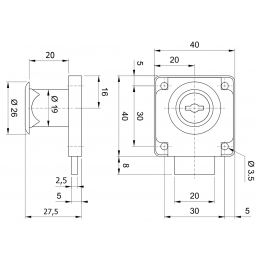 Zamek meblowy meblowy czarny do szafki, szuflady. 40 x 40 mm z blaszką