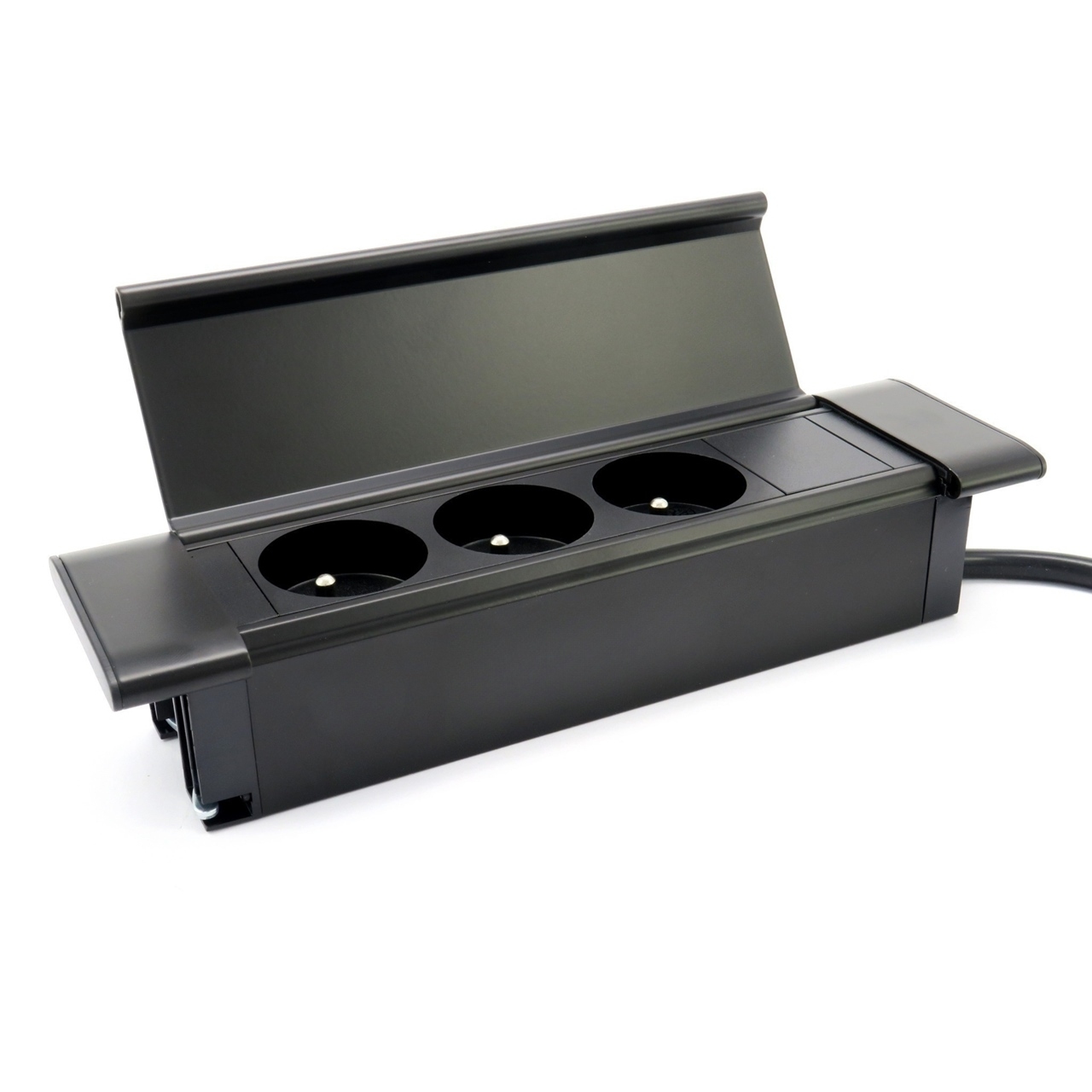 Gniazdo wpuszczane w blat, chowane, wąskie, czarne z kablem 3x 230V Cover