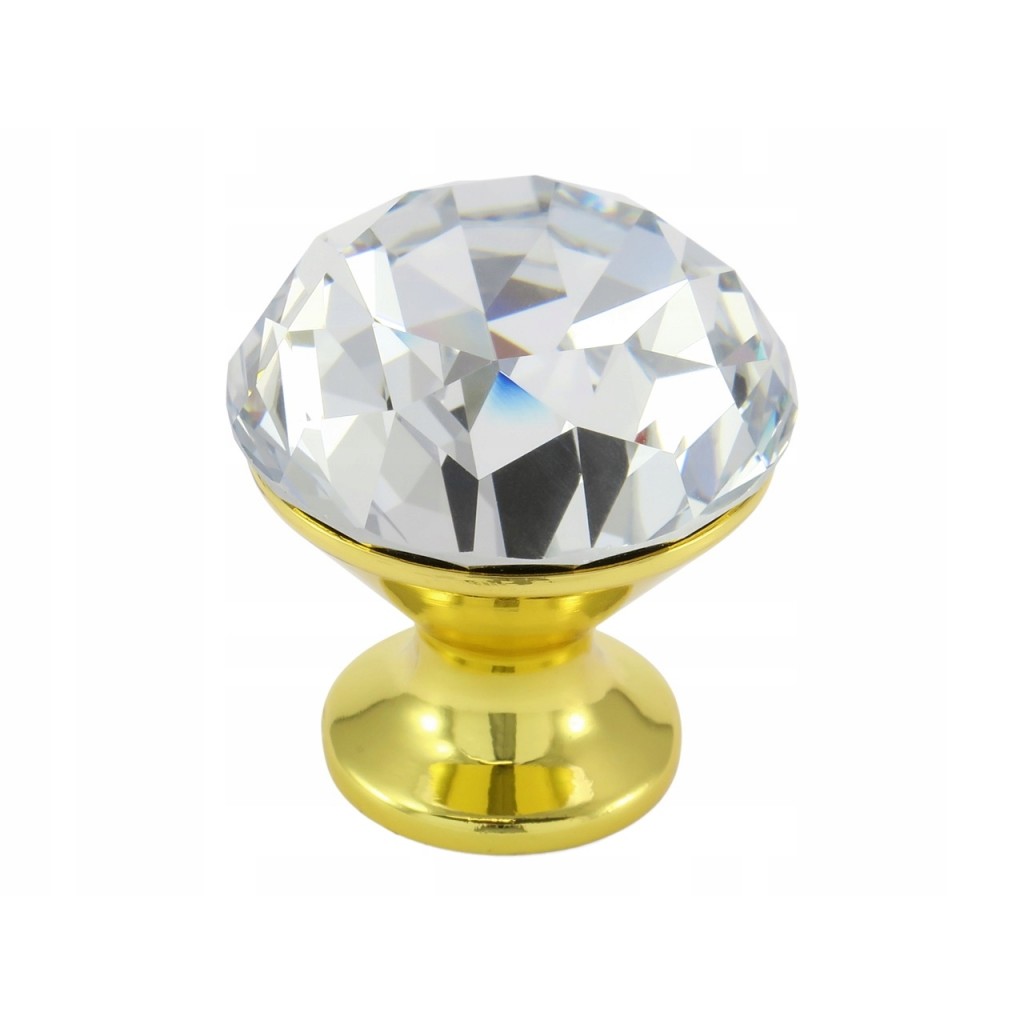 Gałka meblowa kryształowa przezroczysta + złoto glamour 30 mm 1124