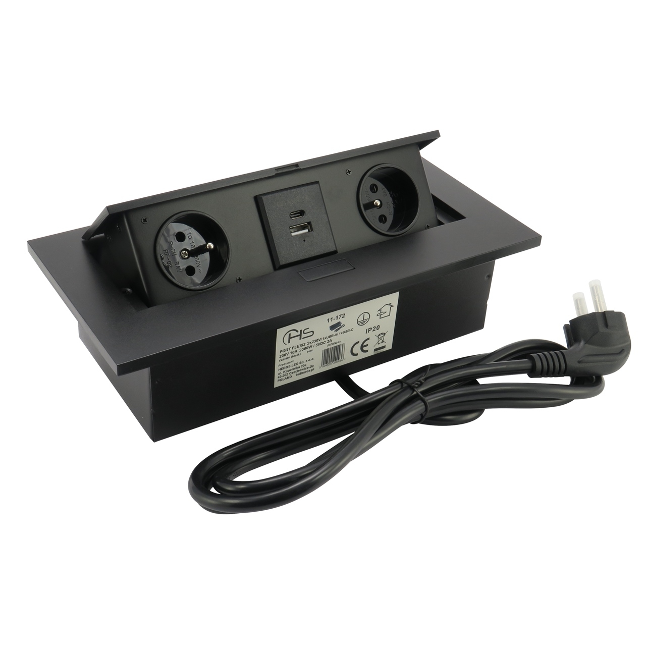 Gniazdo wpuszczane w blat, chowane, czarne 2x230V, 2xUSB +kabel, FLEXIPORT