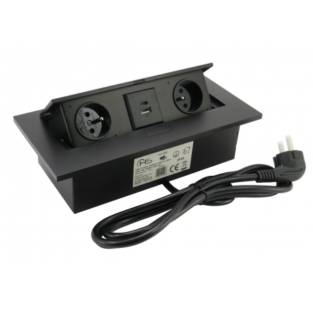 Gniazdo wpuszczane w blat, chowane, czarne 2x230V, 2xUSB +kabel, FLEXIPORT