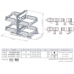 Wysuwany kosz magic do szafki narożnej 100 cm, front 50 cm, pełne dno NOMET W-6000D-1000 P22