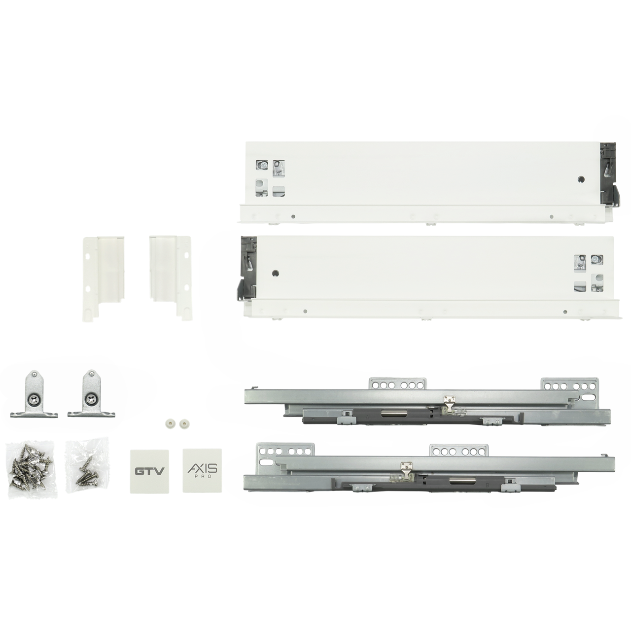 Szuflady Axis Pro GTV białe. 35, 40, 45, 50, 55 cm, niskie H84, cichy domyk, cienkościenne, 40 kg