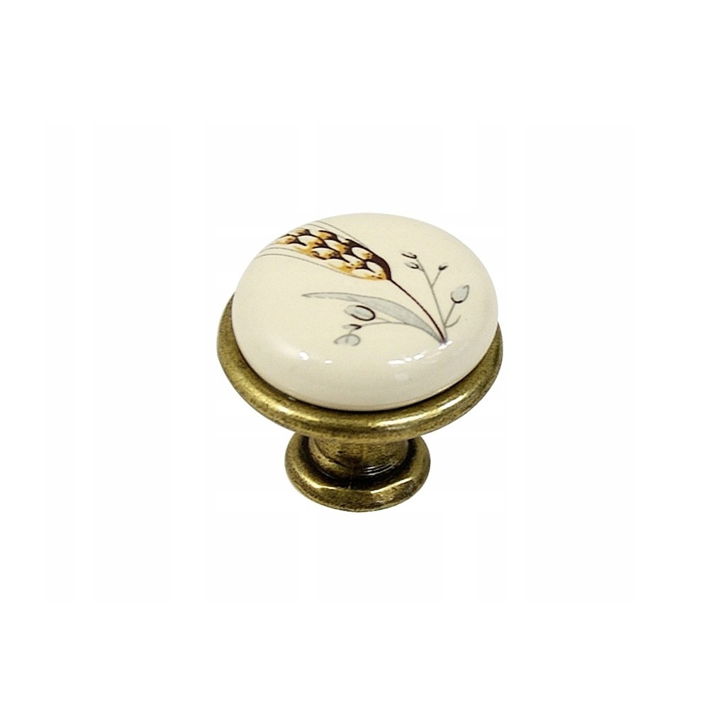 Gałka meblowa z porcelaną, stare złoto z kłosem żyta 27 mm DC DGGP19