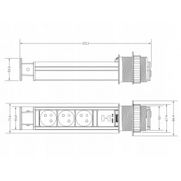 Gniazdo wpuszczane w blat, chowane, srebro, tuba Ø60 3x230V,2xUSB POWERPORT